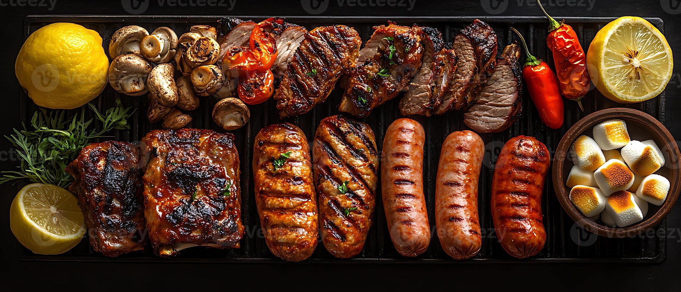 Grilled meats and vegetables arranged for a barbecue feast. photo