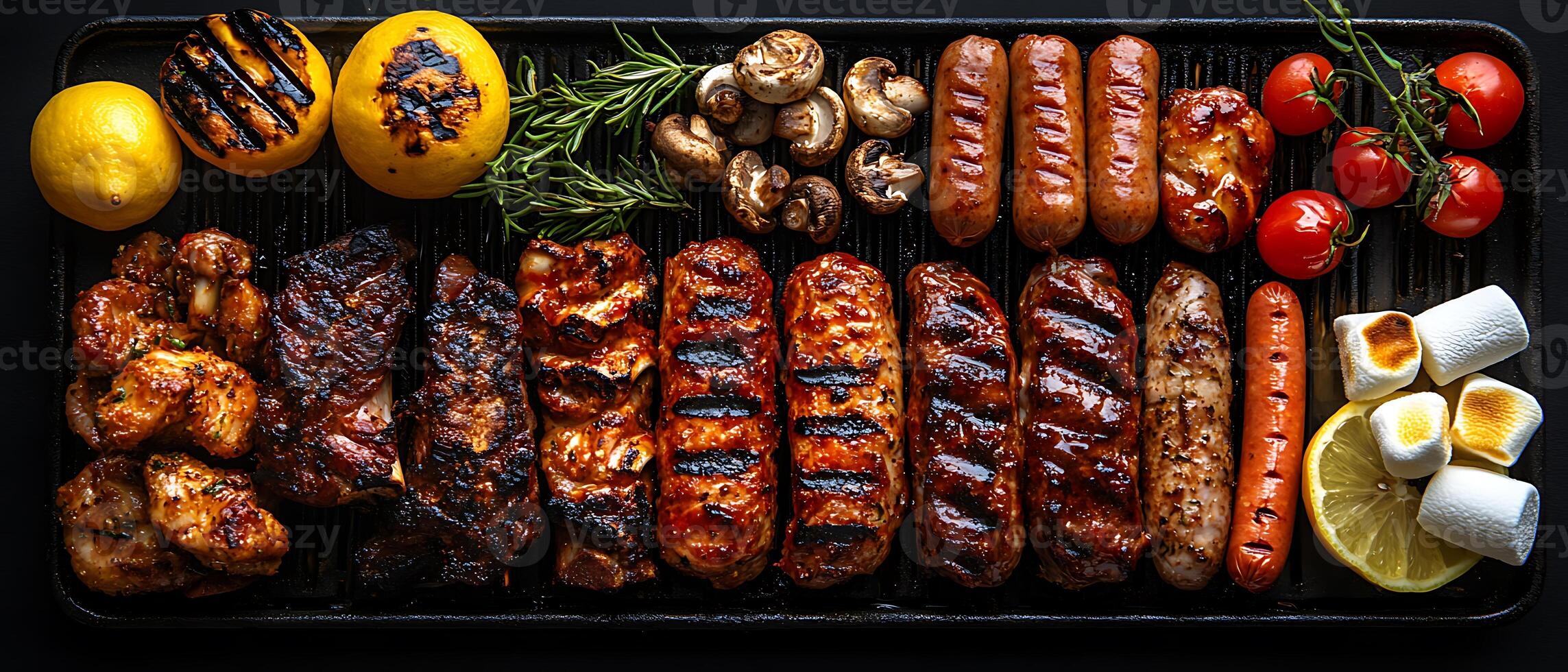 Grilled meats and vegetables arranged on a serving platter. photo