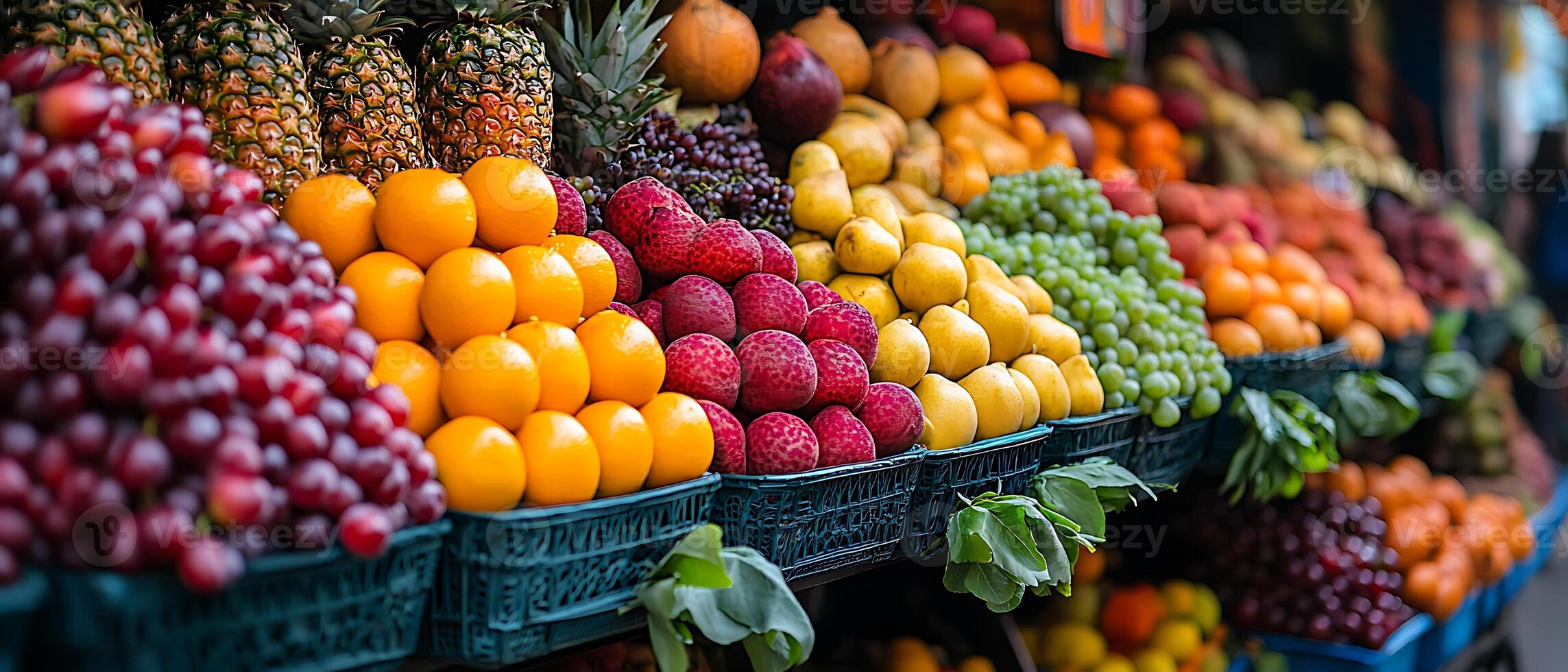 A colorful display of fresh fruits in a market stall, including grapes, oranges, pineapples, and pears. photo