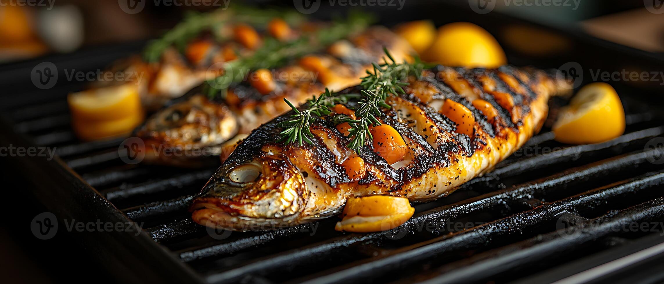 Grilled fish garnished with herbs and lemon on a barbecue grill. photo