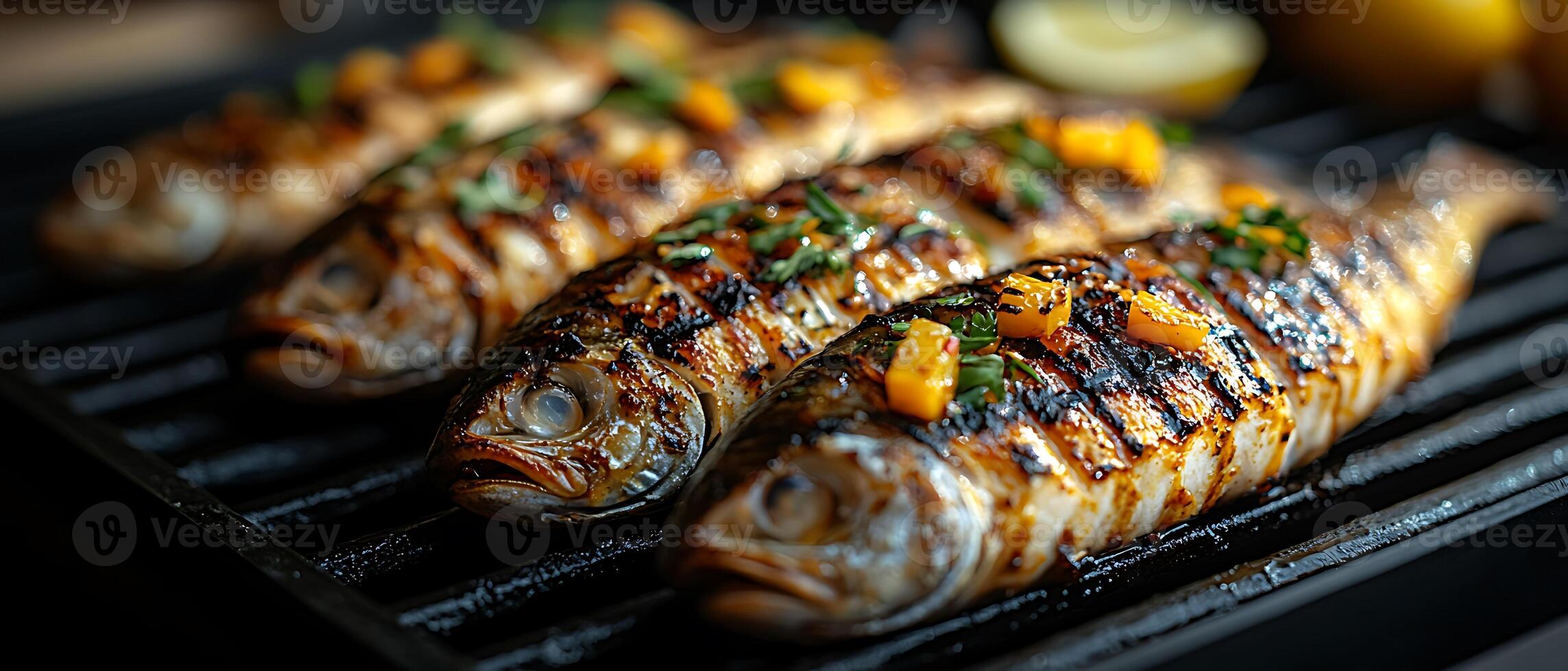 Grilled fish garnished with herbs and lemon on a grill. photo