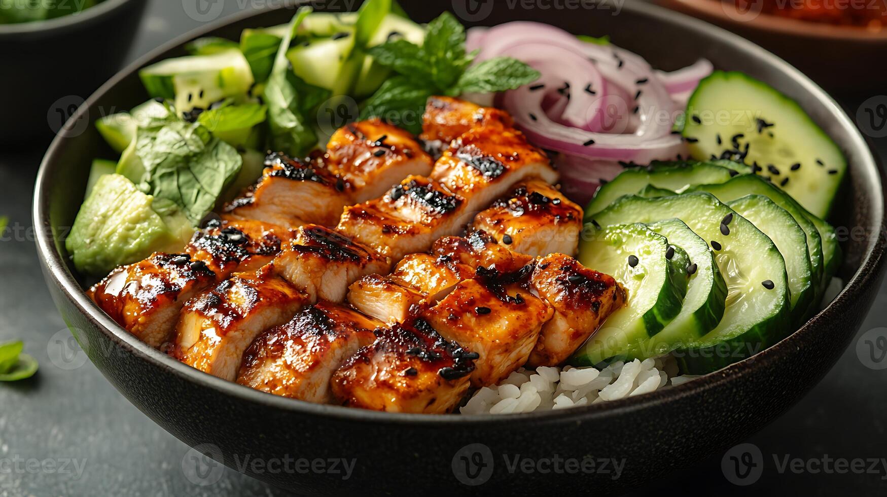 A close-up of a delicious chicken bowl with grilled chicken, avocado, cucumber, red onion, and rice. photo