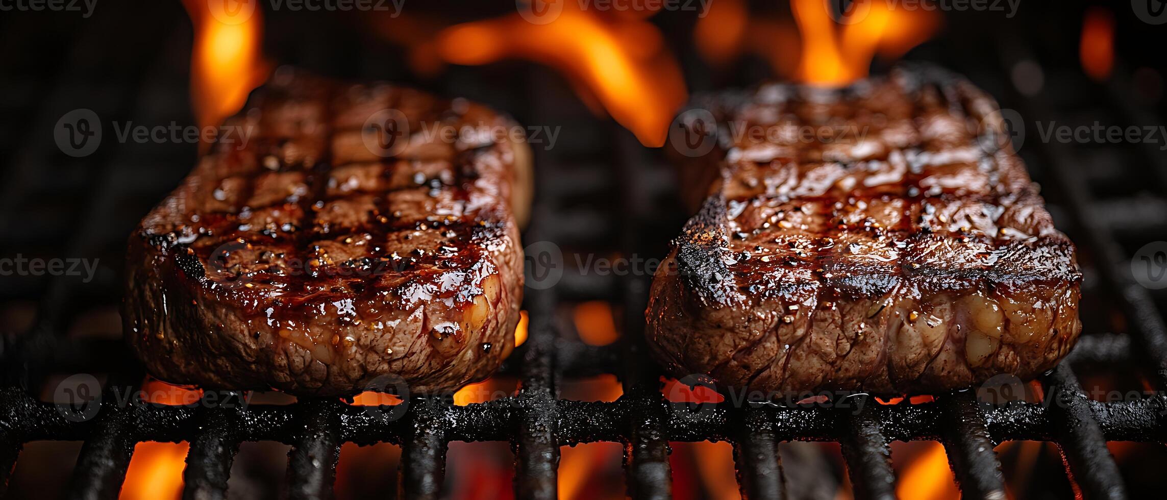 Grilled steaks sizzling over an open flame on a barbecue grill. photo