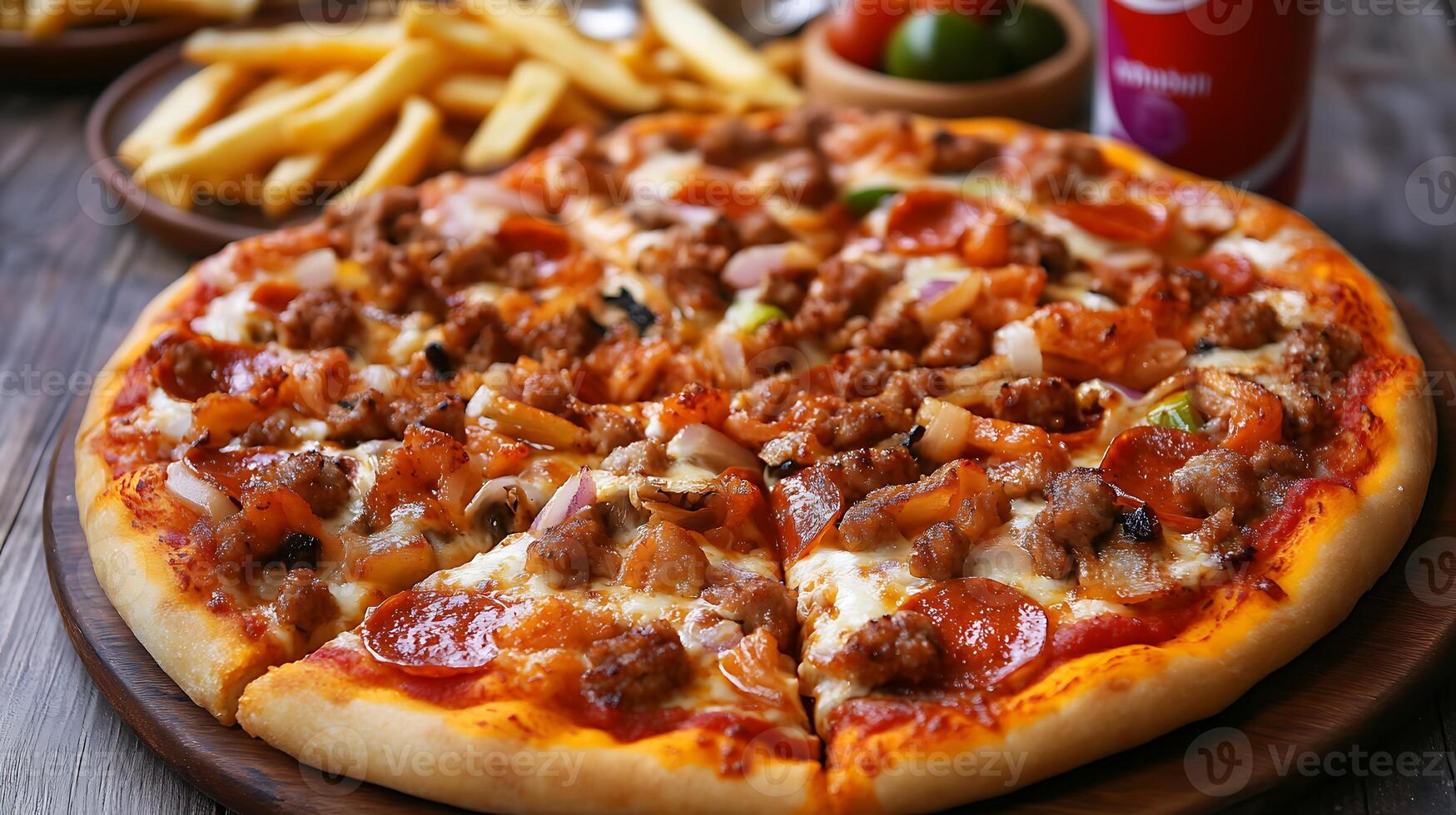 A delicious pizza with pepperoni, sausage, and other toppings, served with fries and a drink. photo