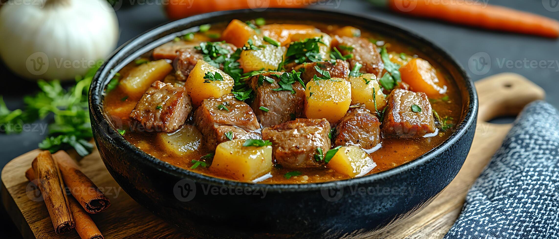 Beef stew with carrots and potatoes in a black bowl. photo