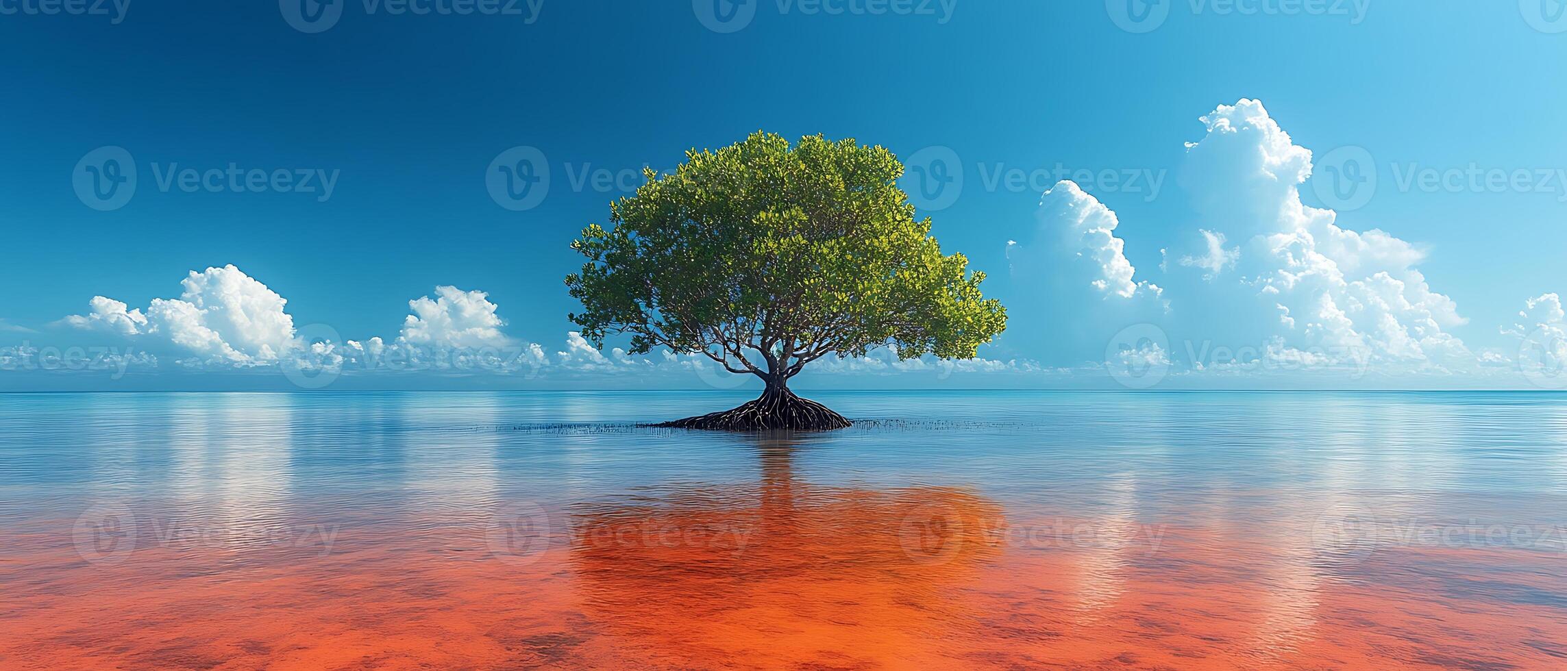 A solitary tree stands in tranquil waters under a blue sky. photo