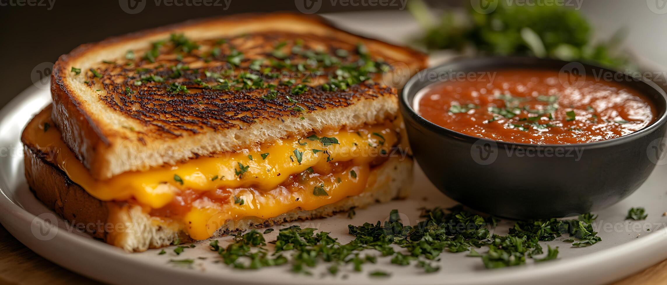 A grilled cheese sandwich with melted cheese and tomato sauce on a white plate. photo