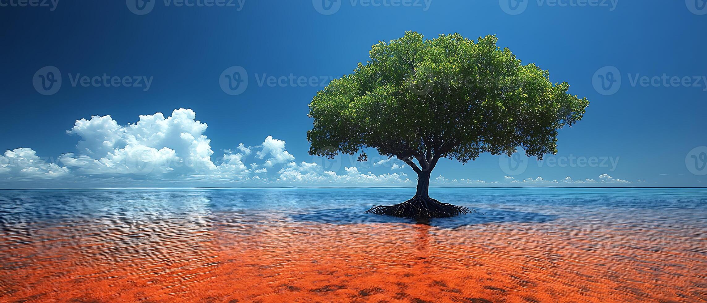 A solitary tree stands in vibrant waters under a clear blue sky. photo