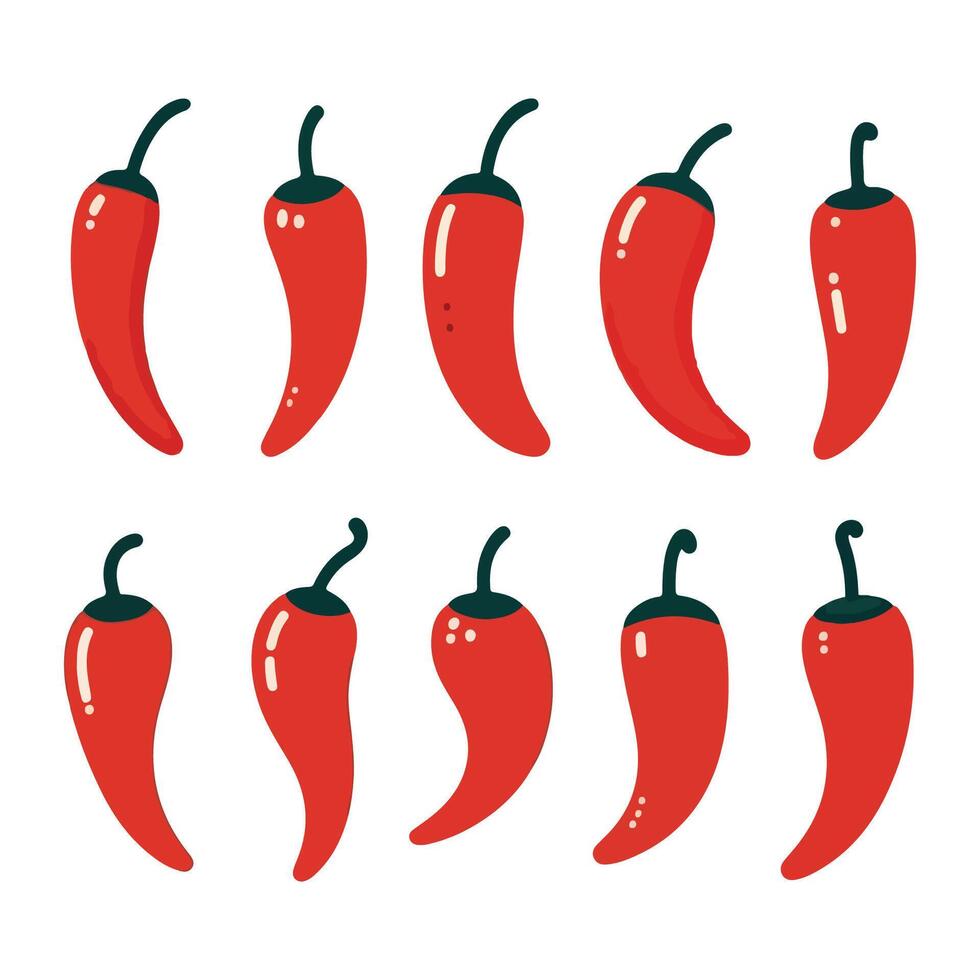 A lineup of red chili peppers, each topped with a green stem vector