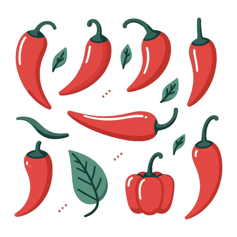 A handful of red chili peppers, all sporting green stems vector