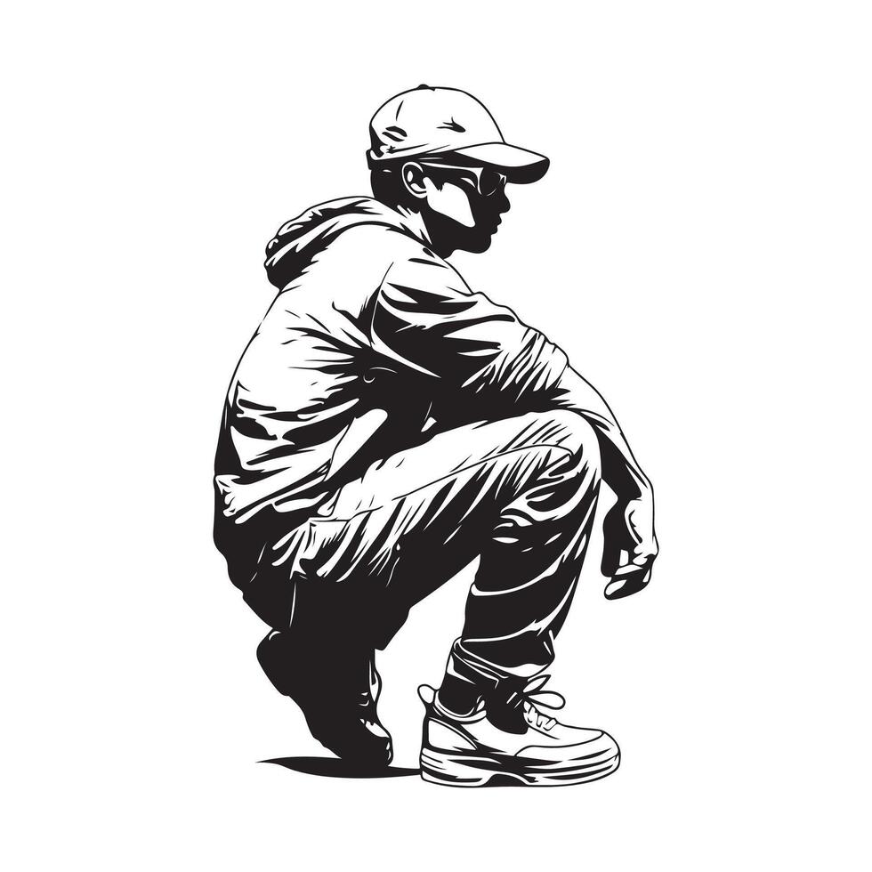 Man Squatting with hat and sweater image. Fashion Model Poses Squatting image on white background. vector