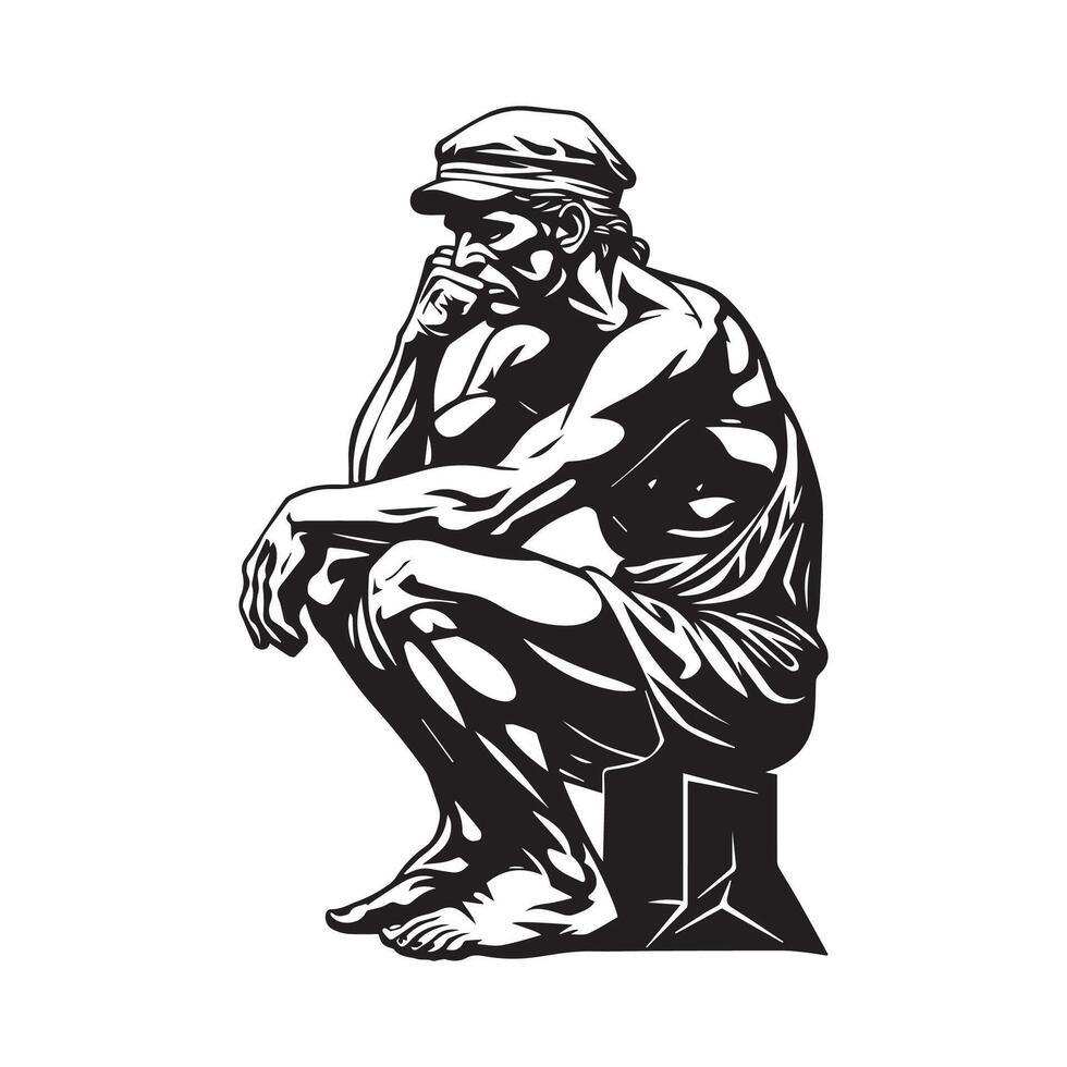 Lonely Old Man Sitting Silhouette Illustration on white background vector