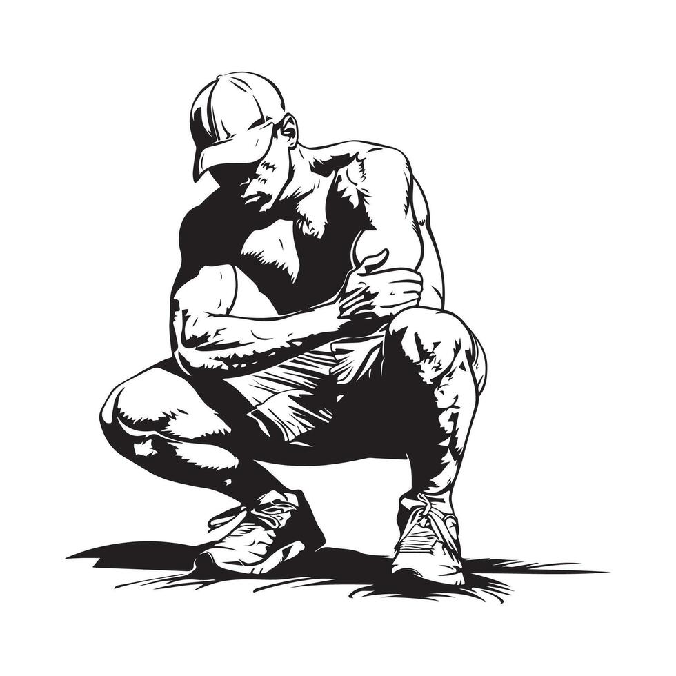 Person squatting with hat stock image on white background vector