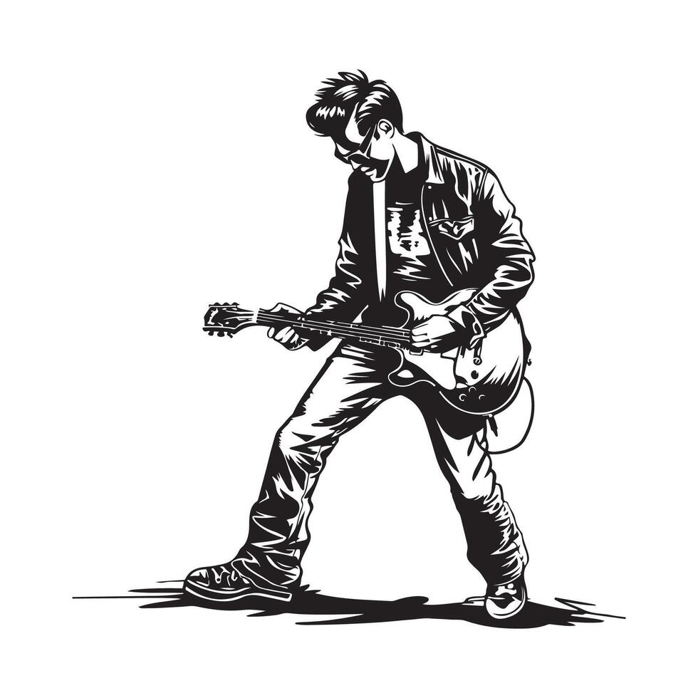 A silhouette of a rock star playing guitar isolated on white background Stock vector
