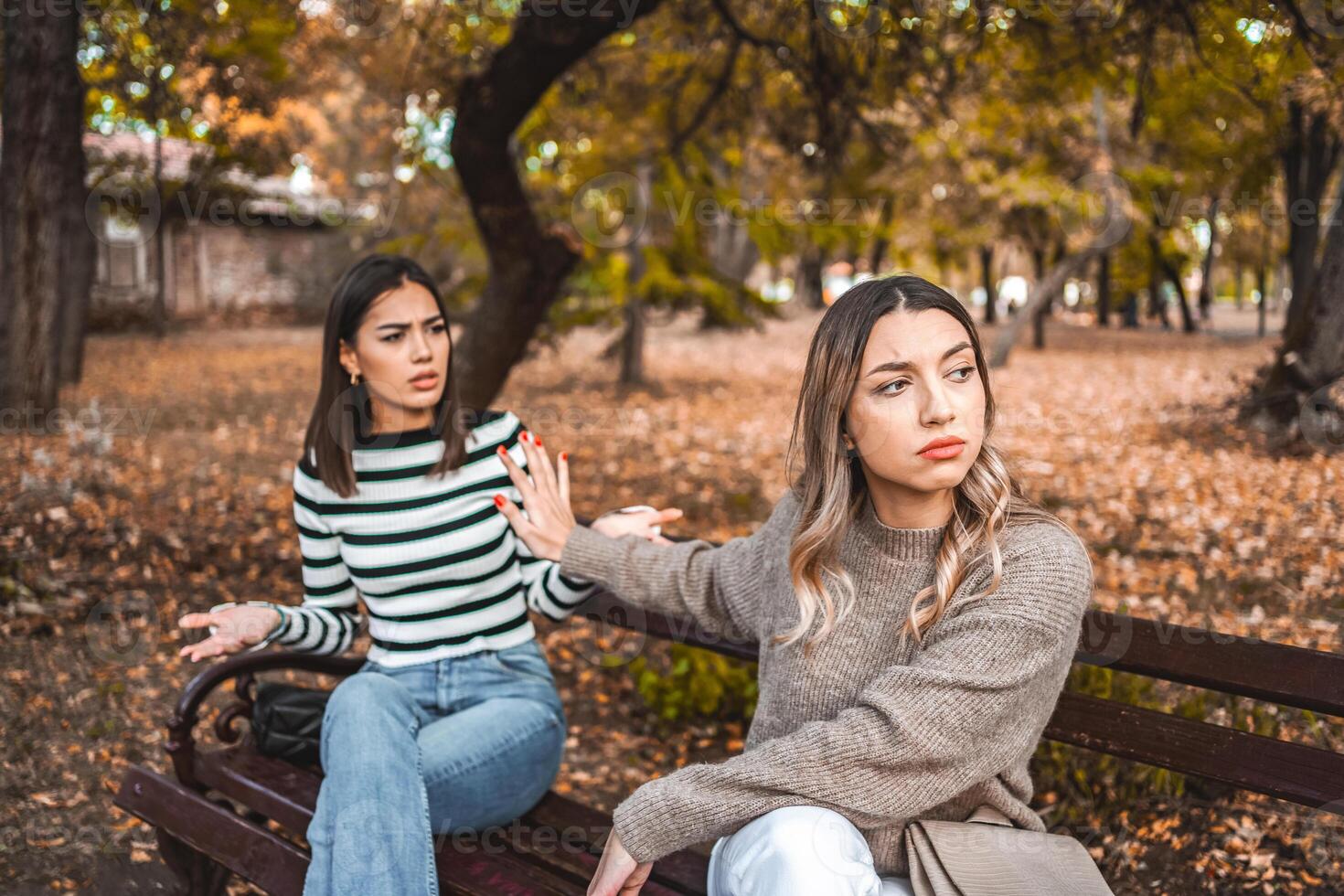 Two women are sitting on a bench and one does not want to listen to the other anymore photo