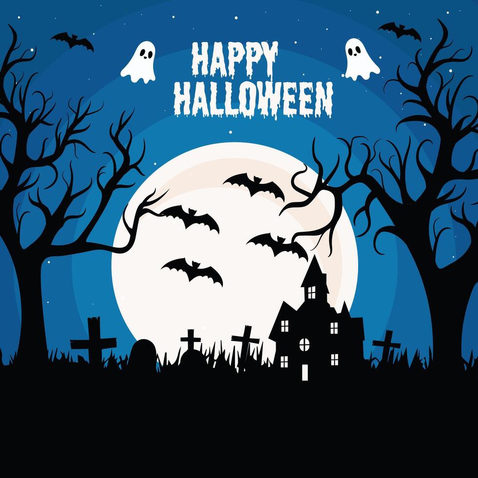 Happy Halloween Card Template, Mix of Various Spooky Creatures, Moon and Castle, Flat Illustration vector