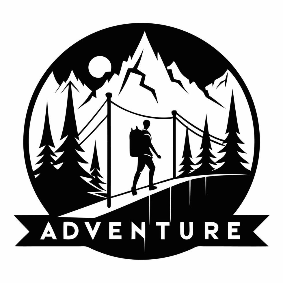Black silhouette adventure man hiking at forest with mountain vector