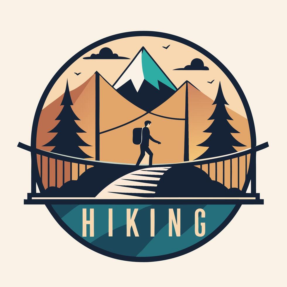 Brown adventure man hiking logo with silhouette bridge, forest with mountain silhouette vector