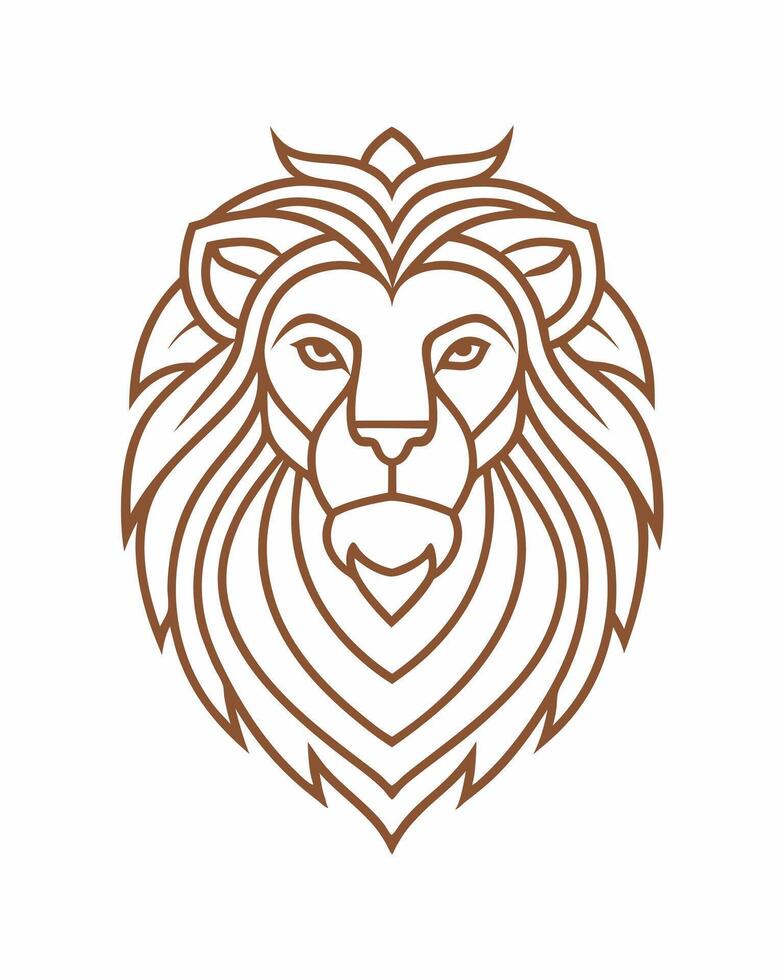 Lion head brown wavy line, brown outline with isolated white vector