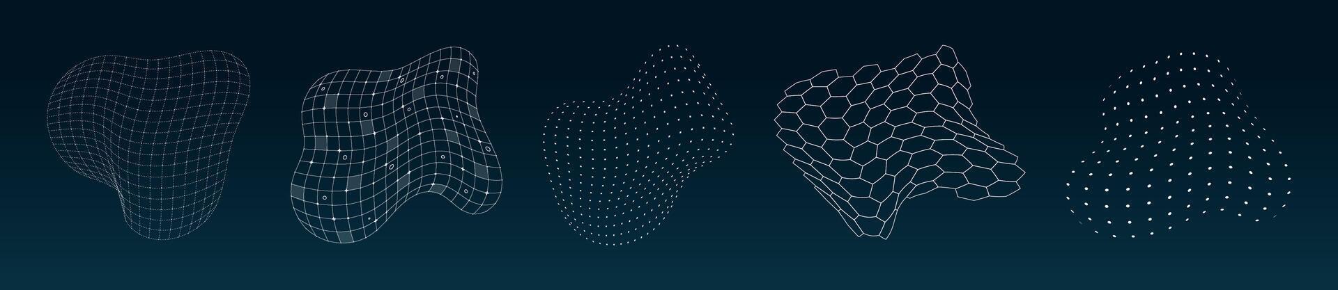 HUD futuristic 3D elements surface grid set. Digital UI flexible wire mesh structure. GUI hi tech polygonal abstract shapes design concept. FUI Sci Fi linear and dotted models on dark blue background vector
