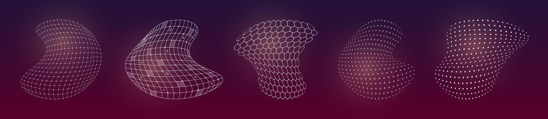 HUD futuristic distorted 3D elements surface grid set. Digital UI flexible wire mesh structure. GUI hi tech abstract polygonal wireframe shapes concept. FUI Sci Fi linear hexagons and dotted models vector