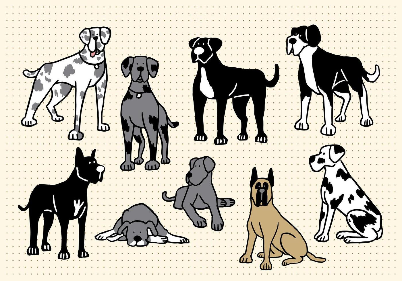 Great Dane Big Dog Hand Drawn Doodle Set vector