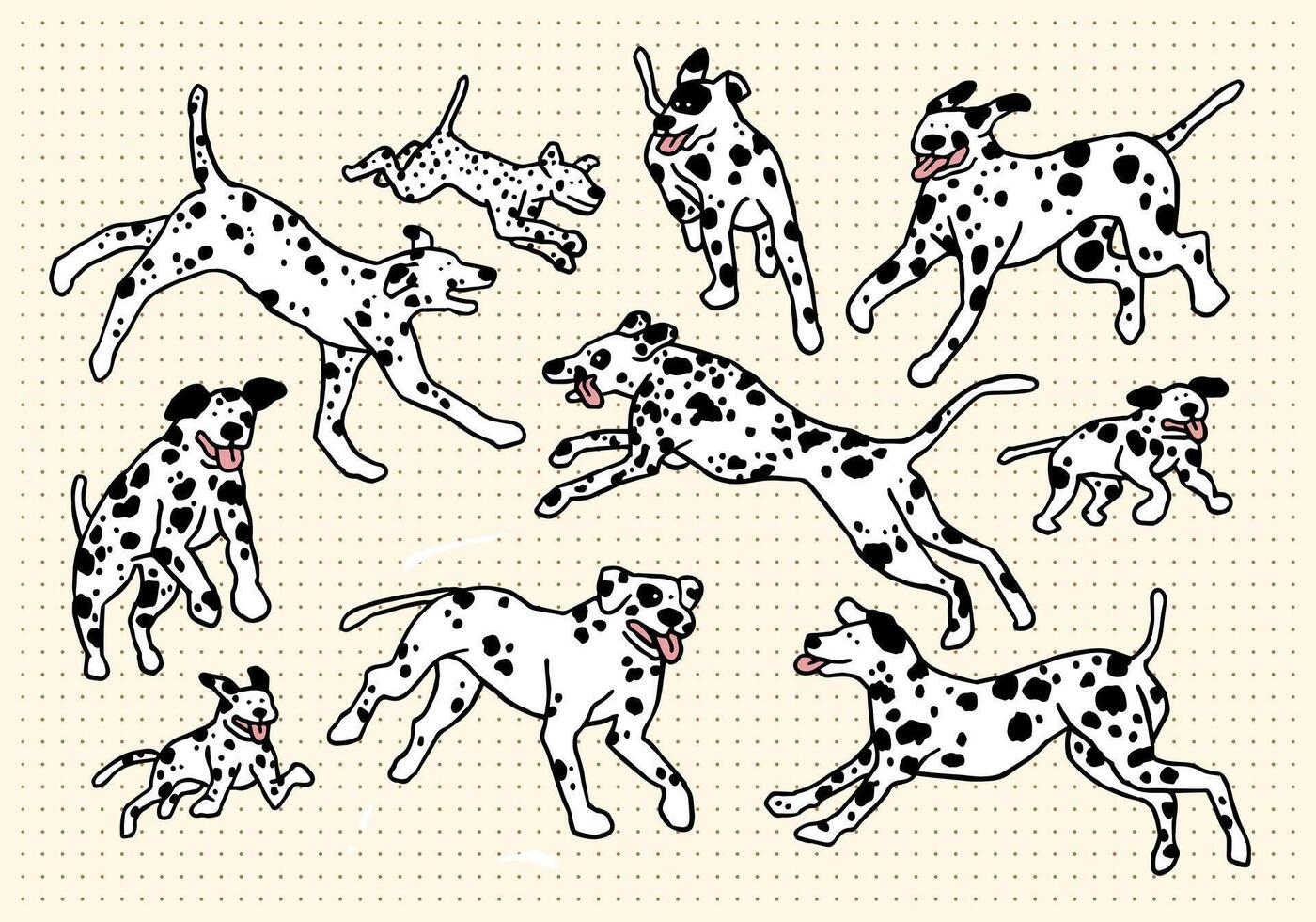 Dalmatian Running Dog Hand Drawn Doodle Set vector