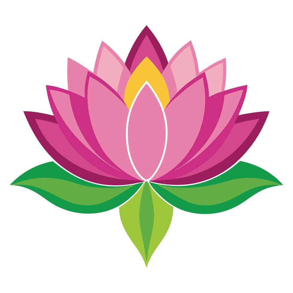 Stylized Lotus Flower Symbol with Vibrant Pink Petals and Green Leaves vector