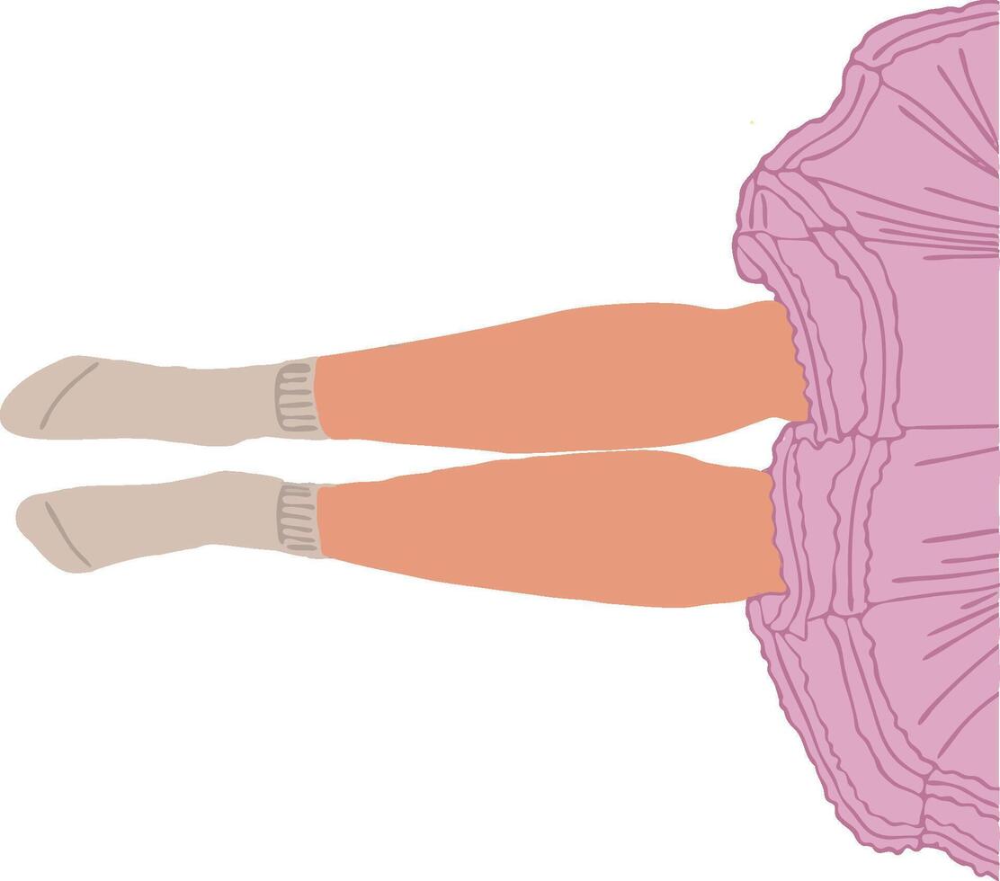 Flat illustration of legs lying on the floor. The grey socks are on the feets. Tutu pink dress is wearing on lady body. vector