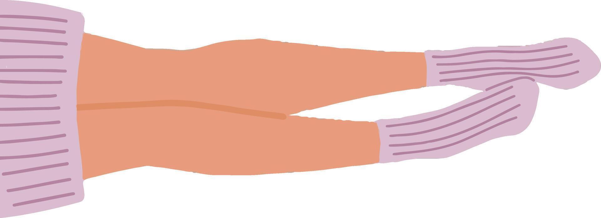 Flat illustration of legs lying on the floor. The right one is slightly bent and dilacately touching the other. The lilac socks with elastic band are on the feets and sweater is on the body vector