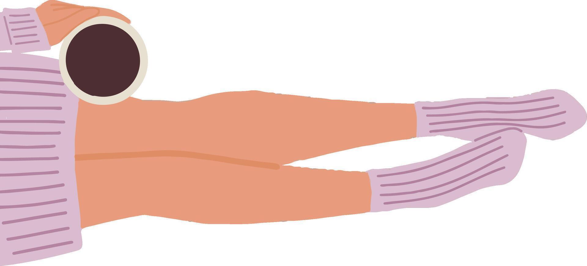 Flat illustration of legs lying on the floor and hand keeping the cup. The lilac socks with elastic band are on the feets and sweater is on the body. Hot drink in the mug. Top view. vector