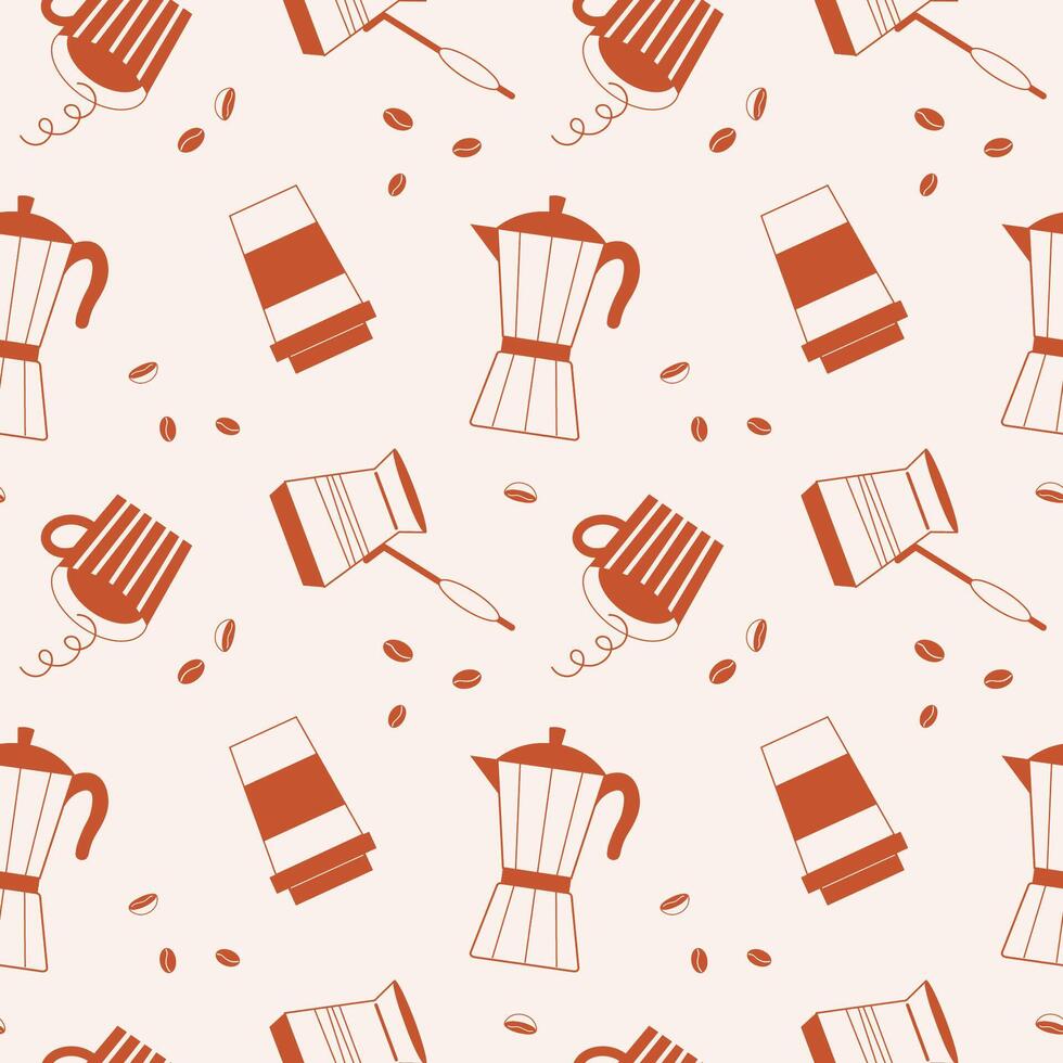Seamless pattern with coffee equipment, cup with hot drink, Mocha Pot Italian espresso and takeaway coffee in glass. Repeating background with espresso, beans, Turk and hot Americano for banner, card vector