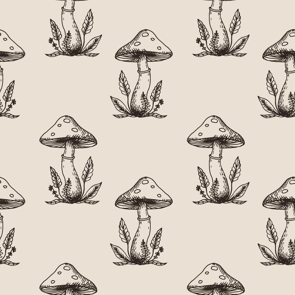 Esoteric Seamless Pattern with fly agaric, magical plants, mushrooms, nature in boho style. Hand drawn mystical abstract repeating background for textile, wrapping, card, print, packing, fabric vector