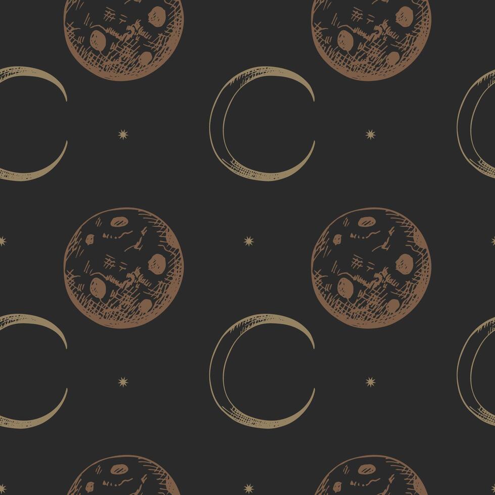 Black seamless pattern with moon, month, stars in boho style. Hand drawn mystical abstract repeating background for textile, wrapping, card, print, flyer, packing, fabric. Lifestyle, esoteric vector