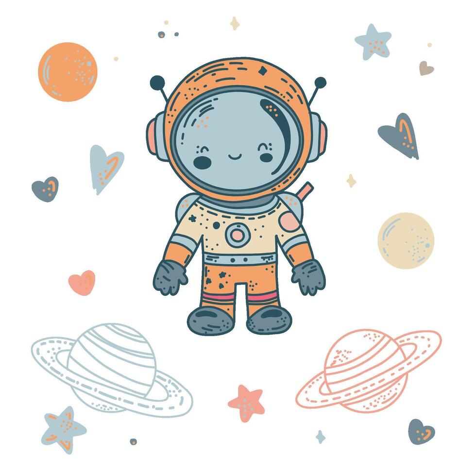 The little cosmonaut. Color suit and space objects. vector