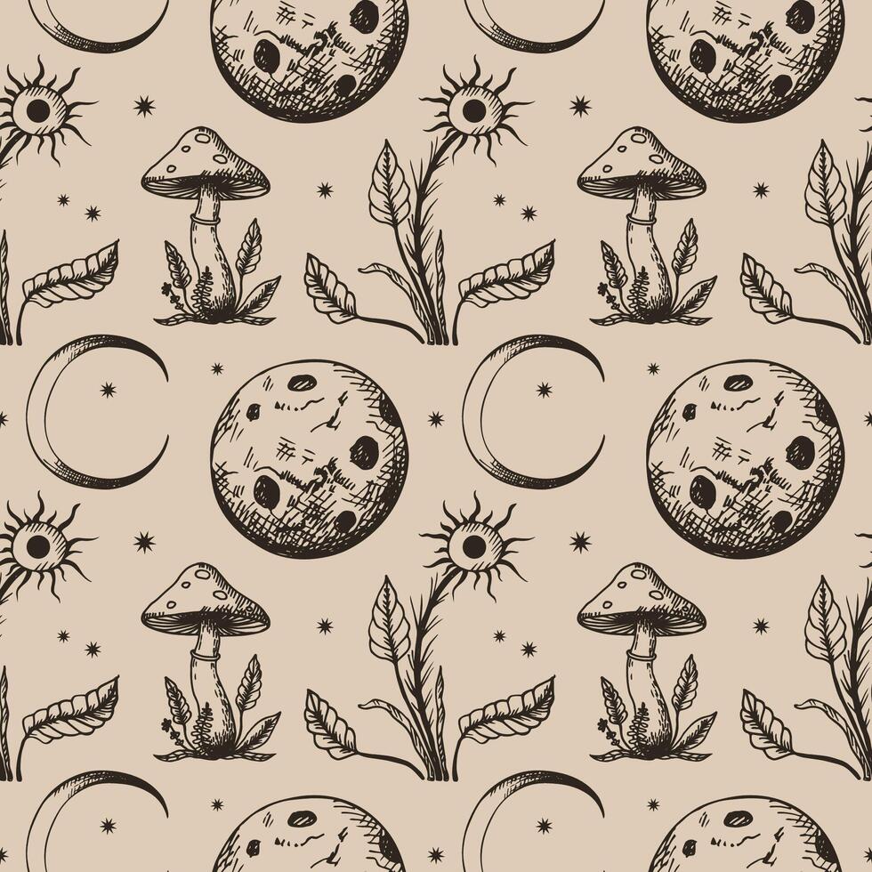 Esoteric Seamless Pattern with fly agaric, magical plants, moon, month, star in boho style. Hand drawn mystical abstract repeating background for textile, wrapping, card, print, packing, fabric vector