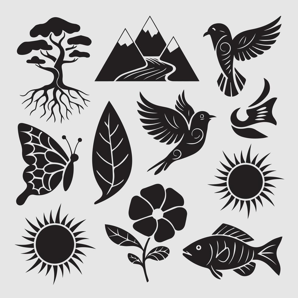 a collection of illustrations with birds and mountains Silhouette vector