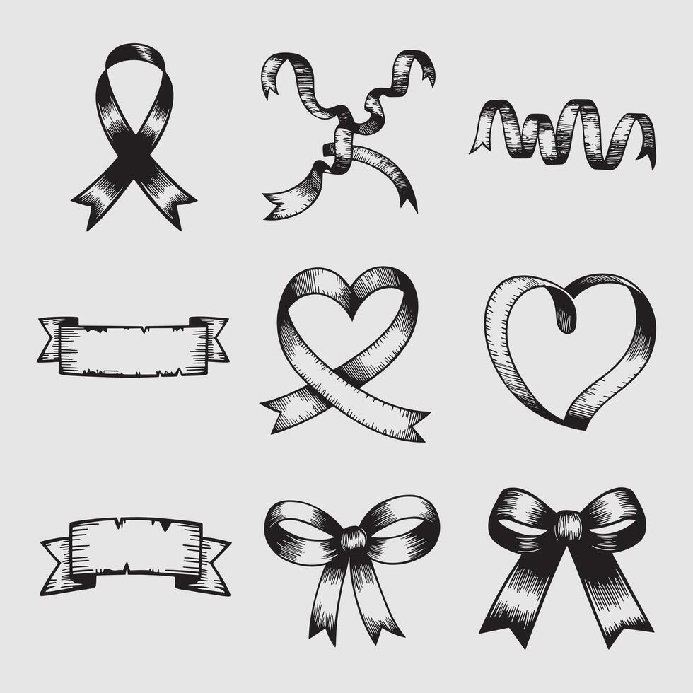 a collection Silhouette images with a ribbon and a heart. vector