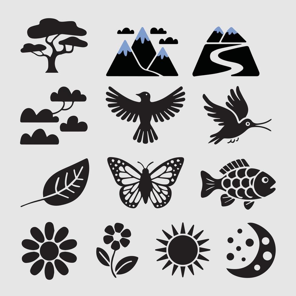 a collection of black illustrations with butterflies and sun. vector
