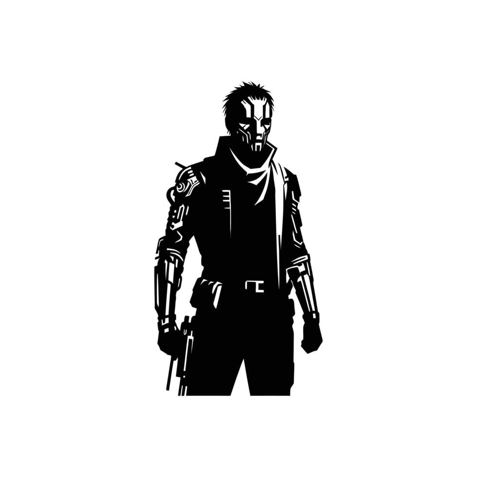 Advanced Robotic Warrior Silhouette Holding Futuristic Gun, Perfect for Sci-Fi Technology, Futuristic Soldier Concepts, and Digital Illustration vector