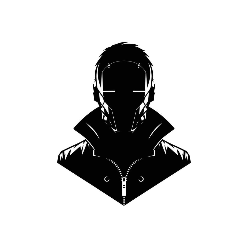 Cybernetic Masked Character Silhouette Depicting Futuristic Science Fiction Warrior with Tech Implants and Augmented Features for Sci-Fi Art vector