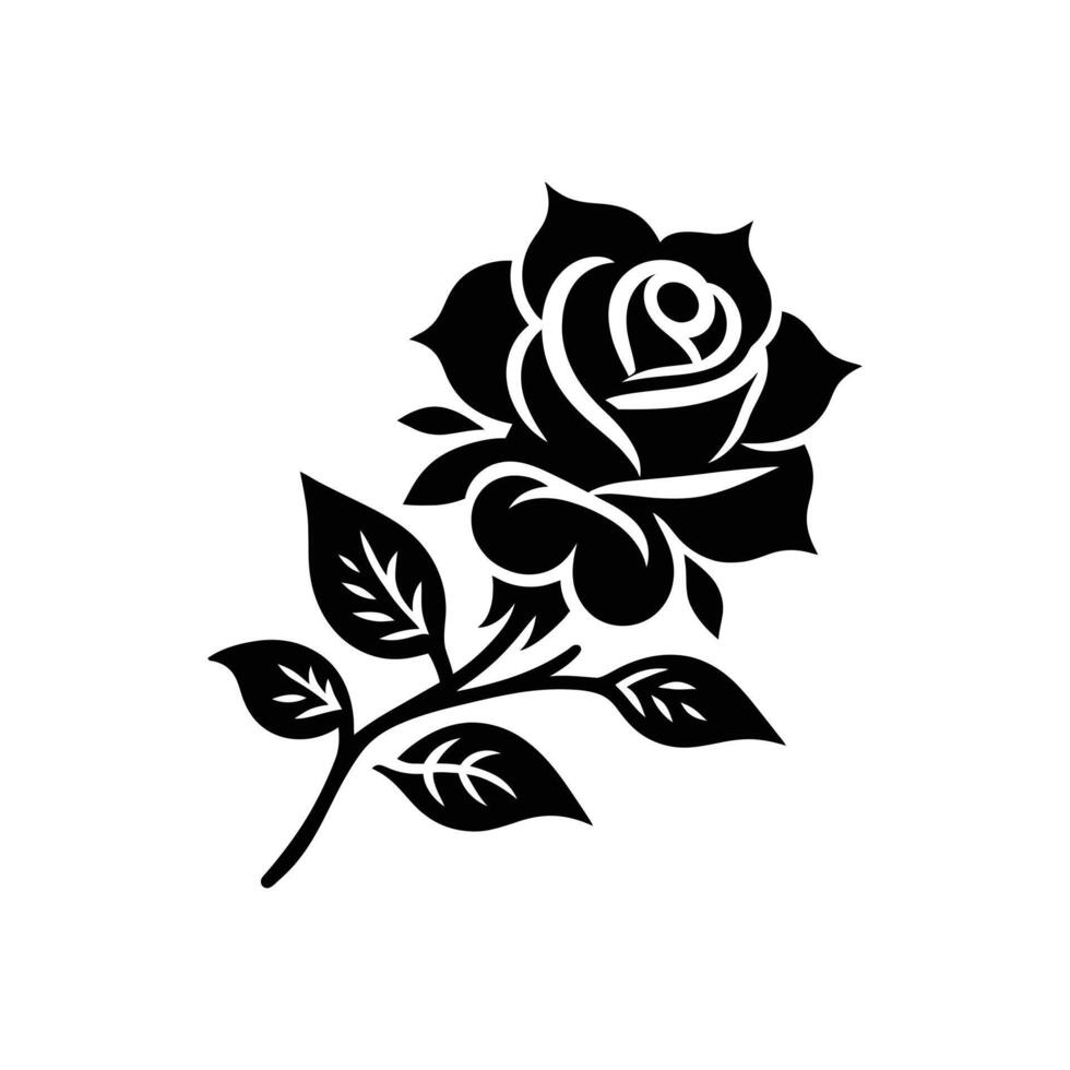 Elegant Black Rose Silhouette Tattoo Design with Delicate Leaves for Tattoo and Art Projects vector