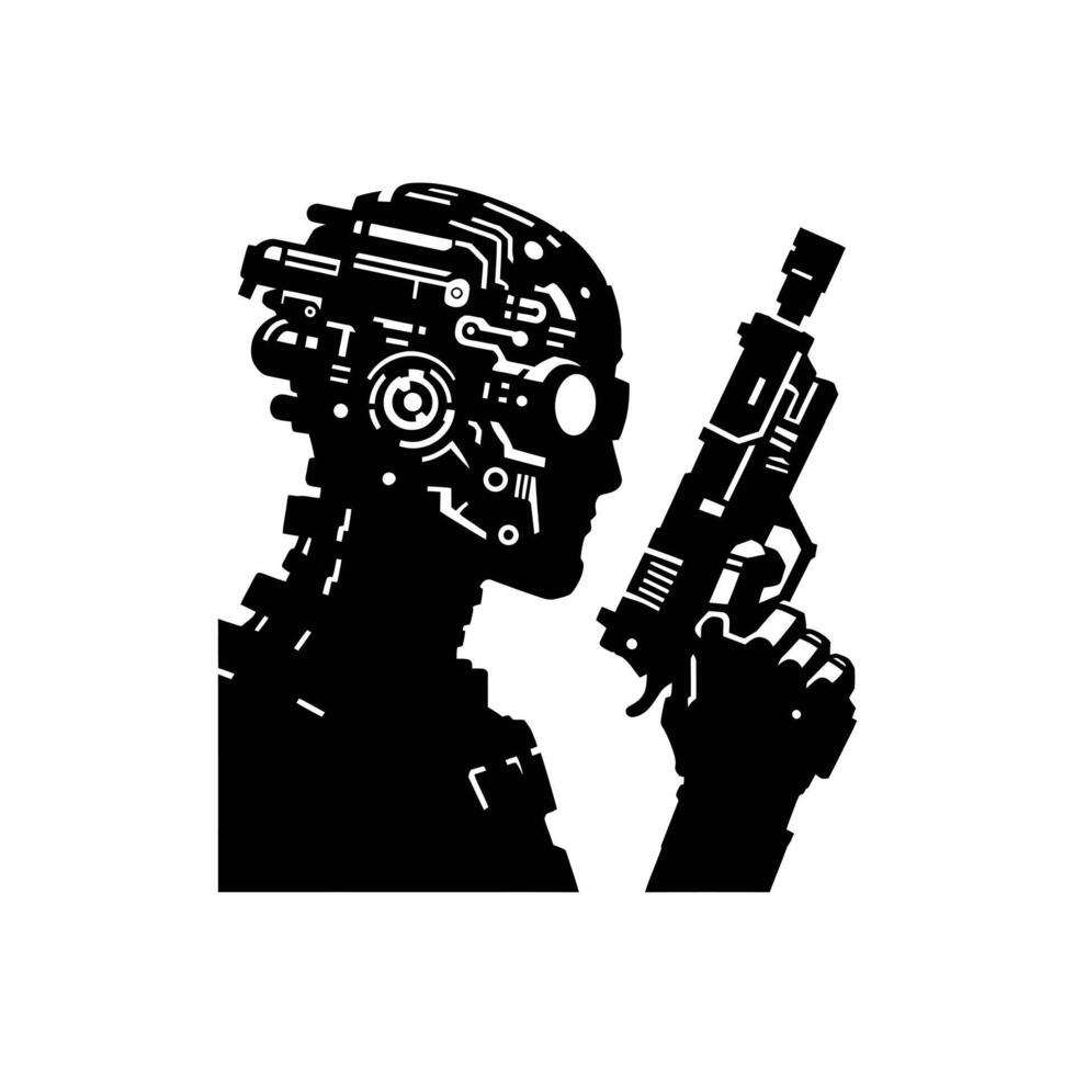 Futuristic Cyberpunk Soldier Silhouette Featuring Advanced Robotic Enhancements and High-Tech Weaponry for Sci-Fi and Technology Concepts vector
