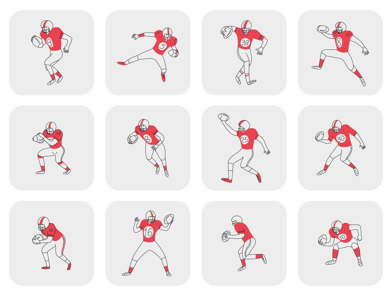 Set of cards, stickers with American football players in different dynamic poses. Player holds the ball. doodle hand drawn illustration vector