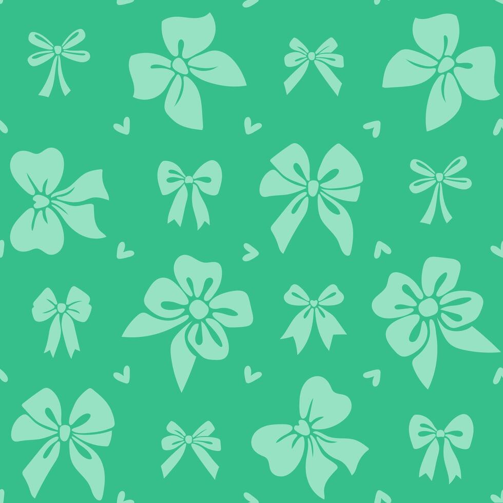 Seamless pattern bow on a green background. Illustration in retro hand drawn style vector