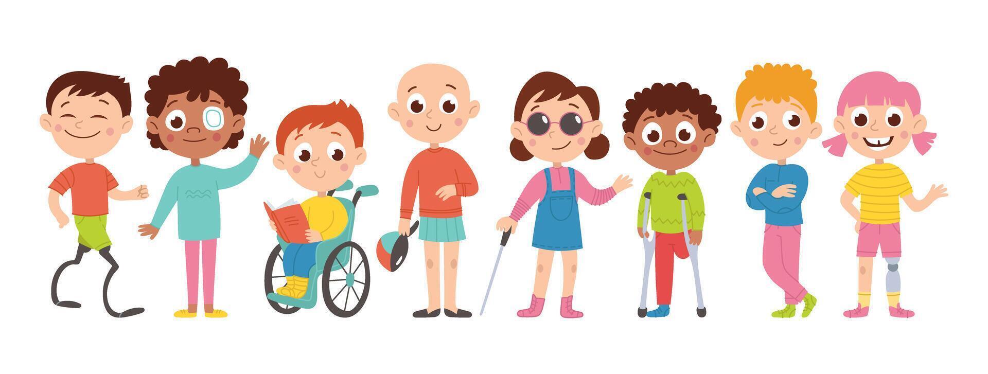 Diverse inclusive set of children. Cute disabled children. Girls and boys with bionic prostheses, wheelchair, crutches. cartoon flat illustration vector