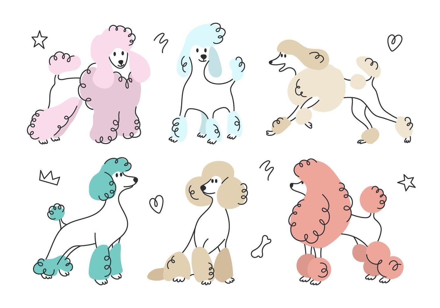 Set of cute dogs, cartoon happy characters in different poses. Funny pets. Line drawing doodle color vector