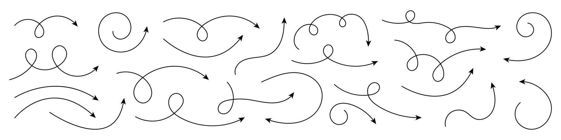 Collection of curved arrows. Set of simple curved hand drawn arrows. Collection of pointers. vector
