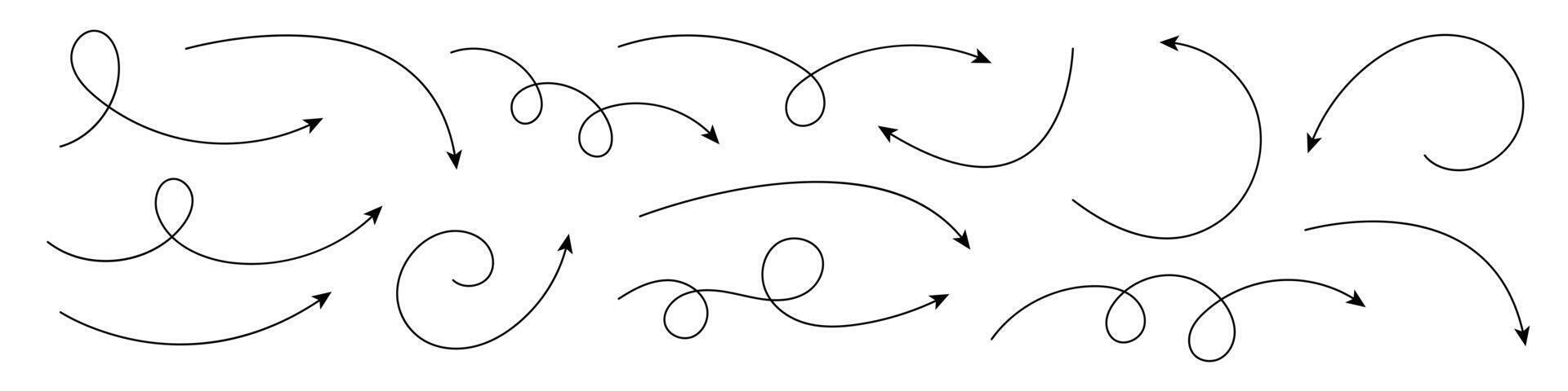 Collection of curved arrows. Set simple curved hand drawn arrows. vector