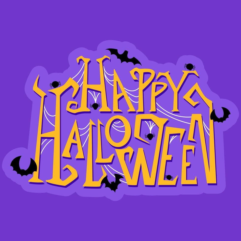 Orange Happy Halloween lettering with spiders and bats on purple background vector